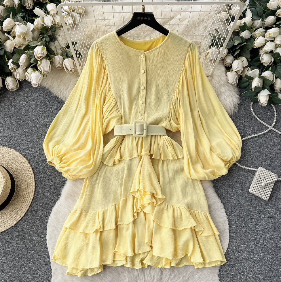 Vintage Puffy Sleeve Ruffled Shirt Dress