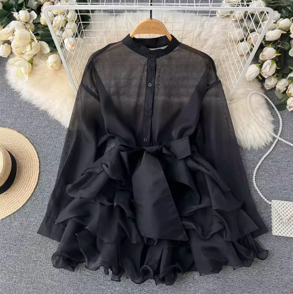 Niche Bow-tie Ruffled Shirt Dress