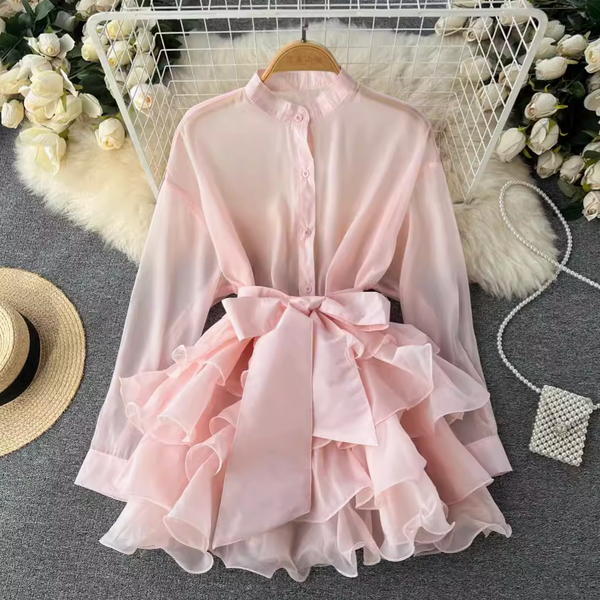 Niche Bow-tie Ruffled Shirt Dress