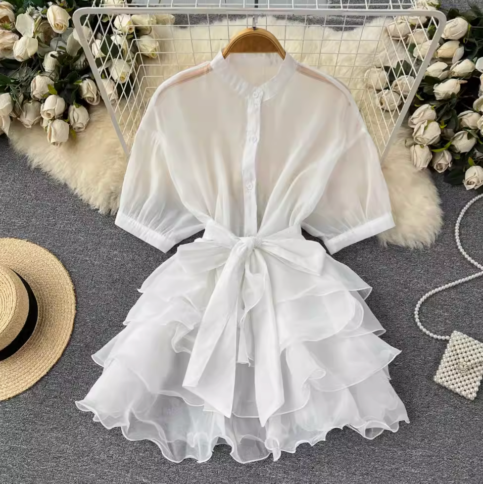 Niche Bow-tie Ruffled Shirt Dress