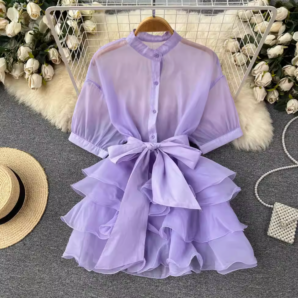 Niche Bow-tie Ruffled Shirt Dress