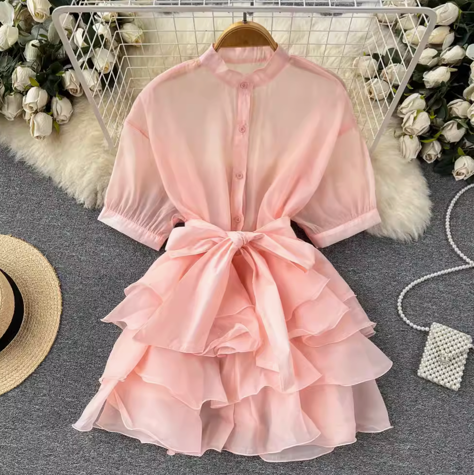 Niche Bow-tie Ruffled Shirt Dress