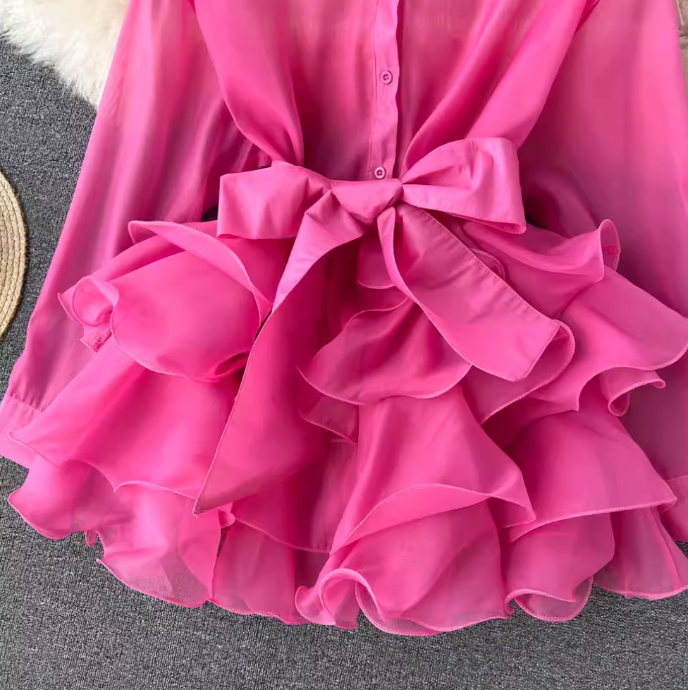 Niche Bow-tie Ruffled Shirt Dress