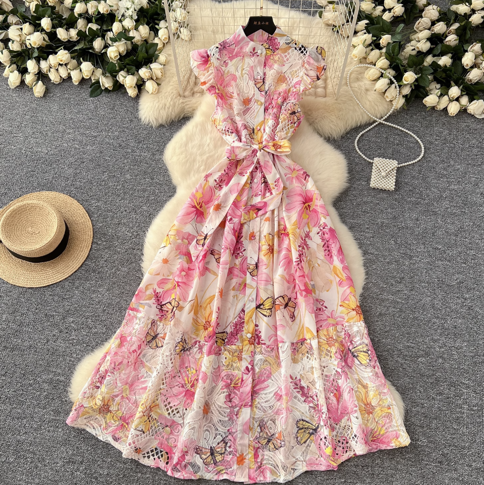 Hollowed Lace Patchwork Floral Shirt Dress