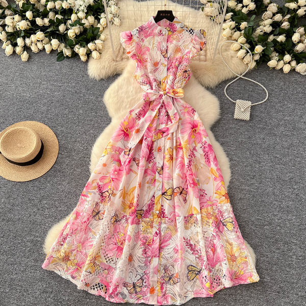 Hollowed Lace Patchwork Floral Shirt Dress