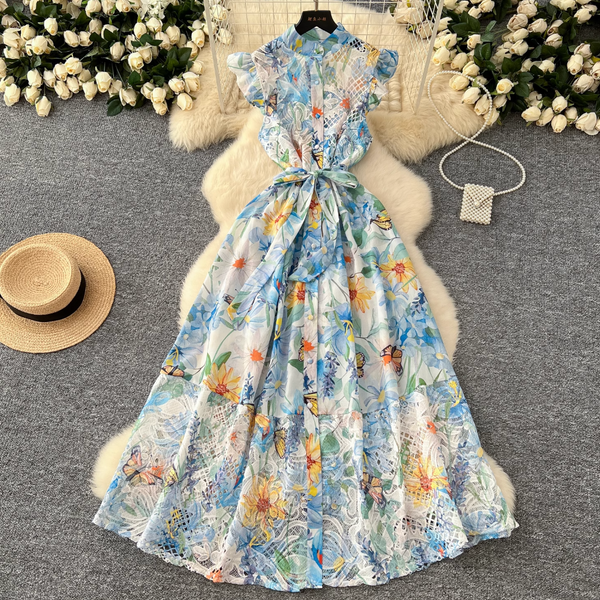 Hollowed Lace Patchwork Floral Shirt Dress