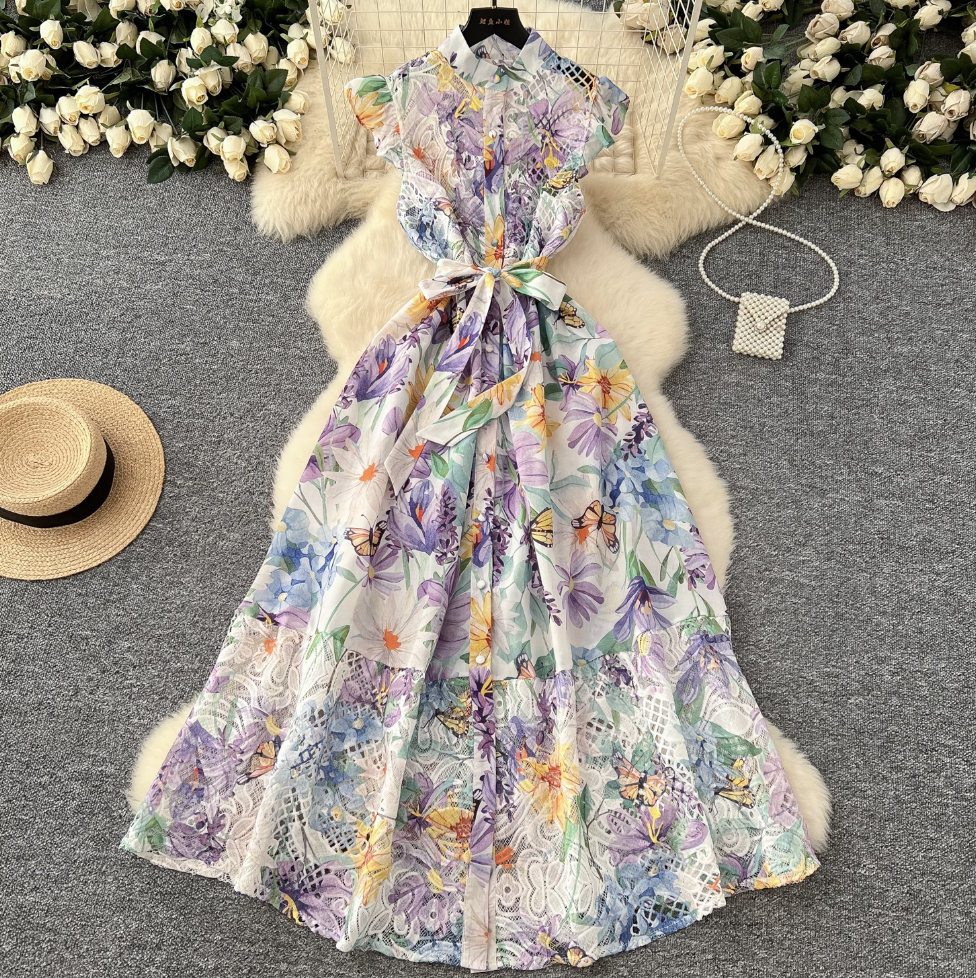 Hollowed Lace Patchwork Floral Shirt Dress