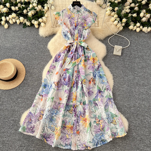 Hollowed Lace Patchwork Floral Shirt Dress