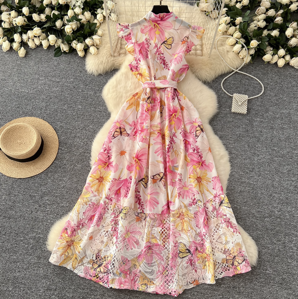 Hollowed Lace Patchwork Floral Shirt Dress