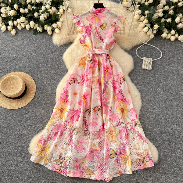 Hollowed Lace Patchwork Floral Shirt Dress