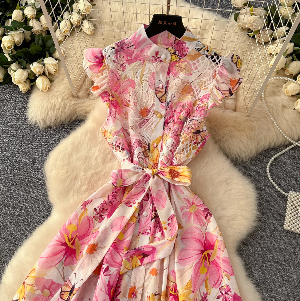 Hollowed Lace Patchwork Floral Shirt Dress