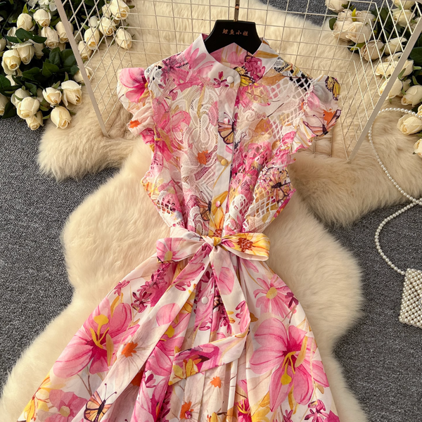 Hollowed Lace Patchwork Floral Shirt Dress