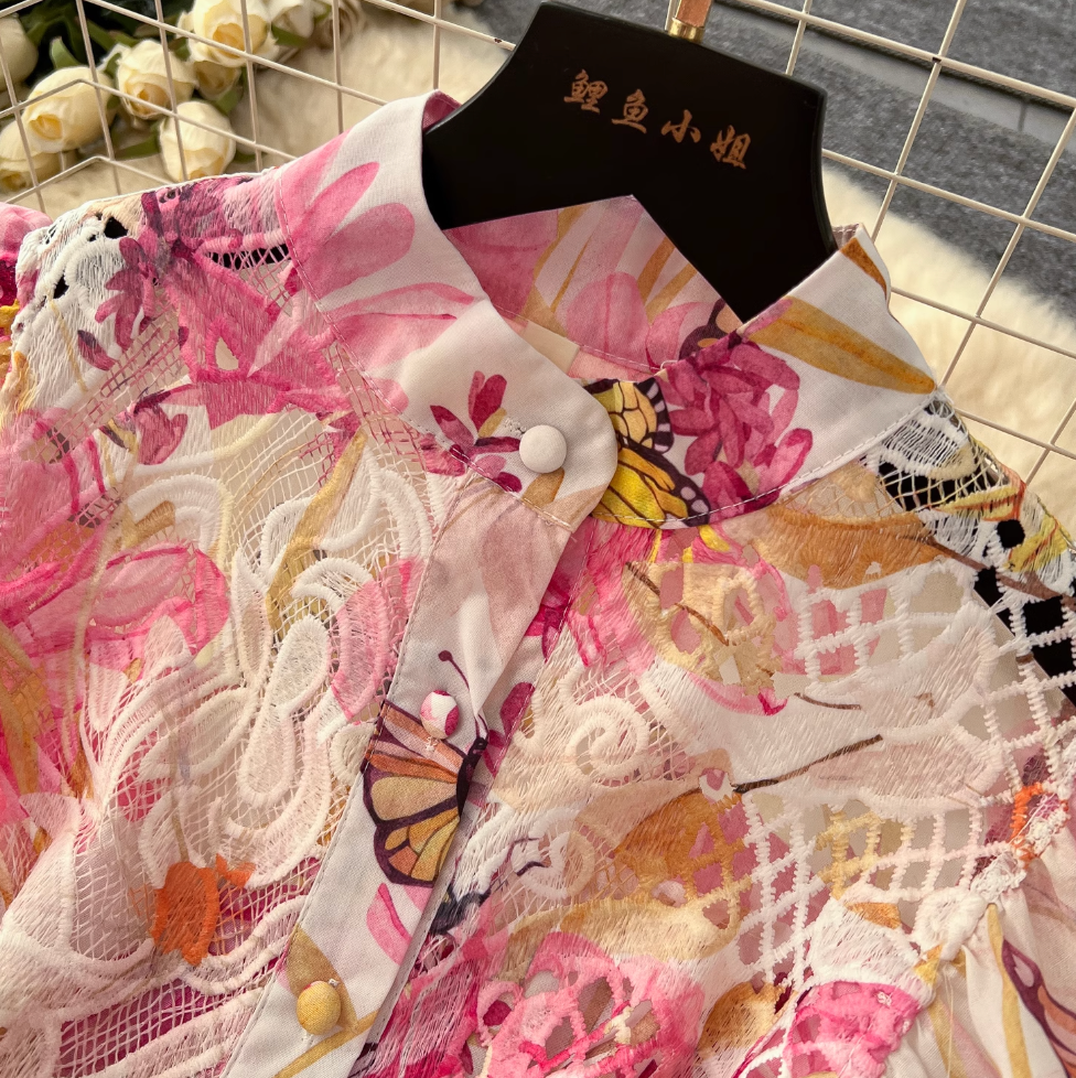 Hollowed Lace Patchwork Floral Shirt Dress