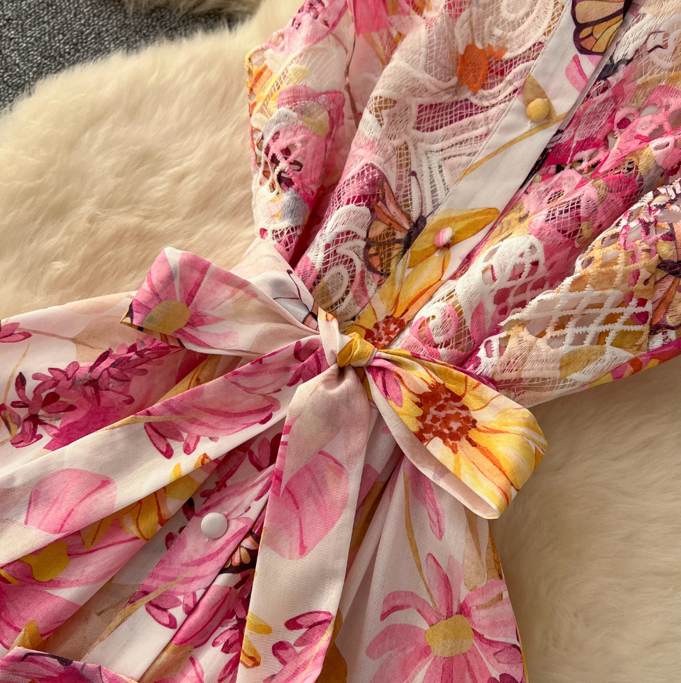 Hollowed Lace Patchwork Floral Shirt Dress