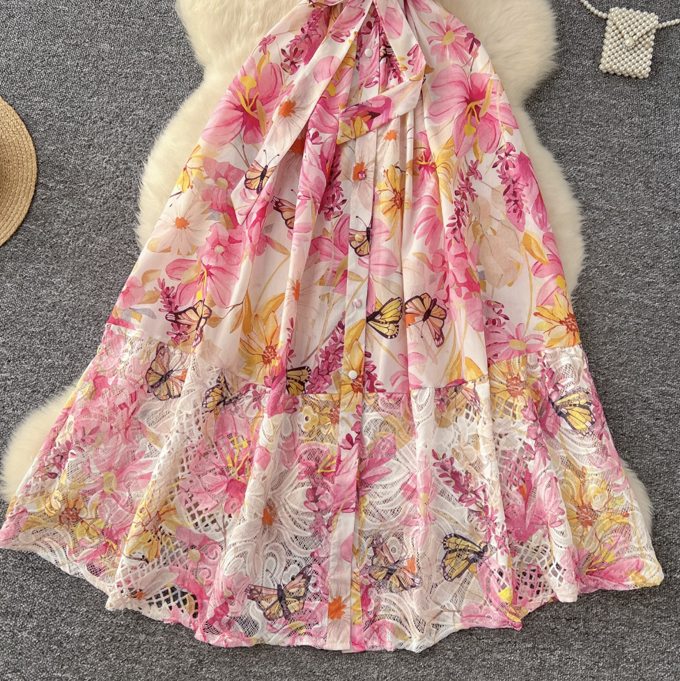 Hollowed Lace Patchwork Floral Shirt Dress