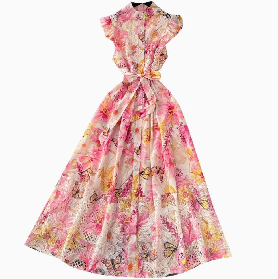 Hollowed Lace Patchwork Floral Shirt Dress