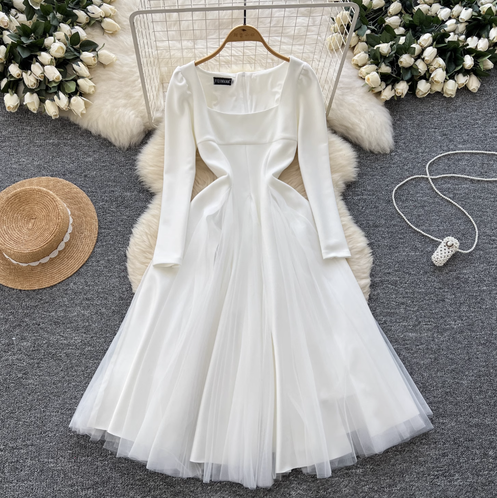 Square Neckline Mesh Patchwork Dress