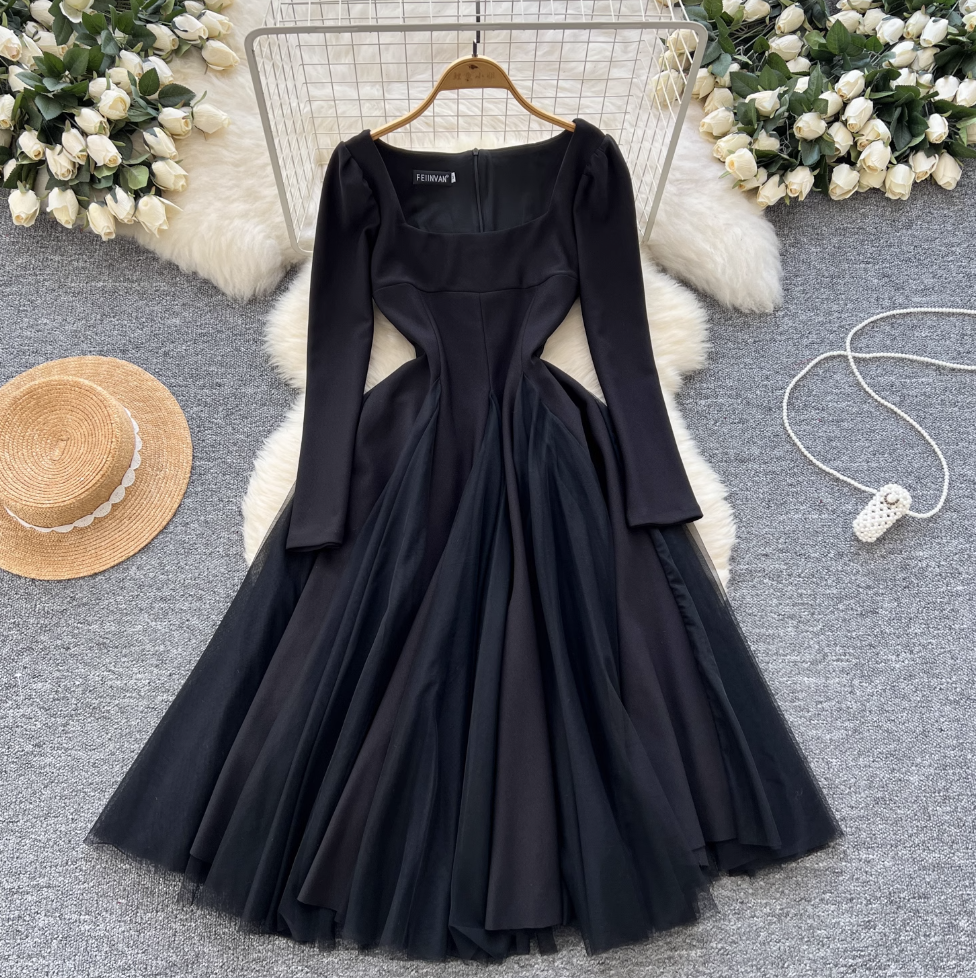 Square Neckline Mesh Patchwork Dress
