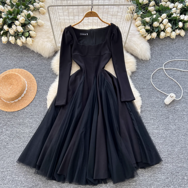 Square Neckline Mesh Patchwork Dress