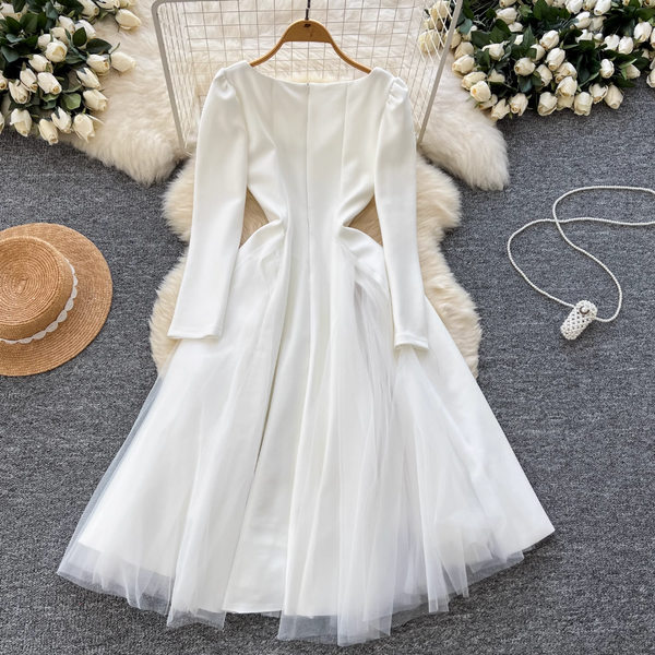 Square Neckline Mesh Patchwork Dress