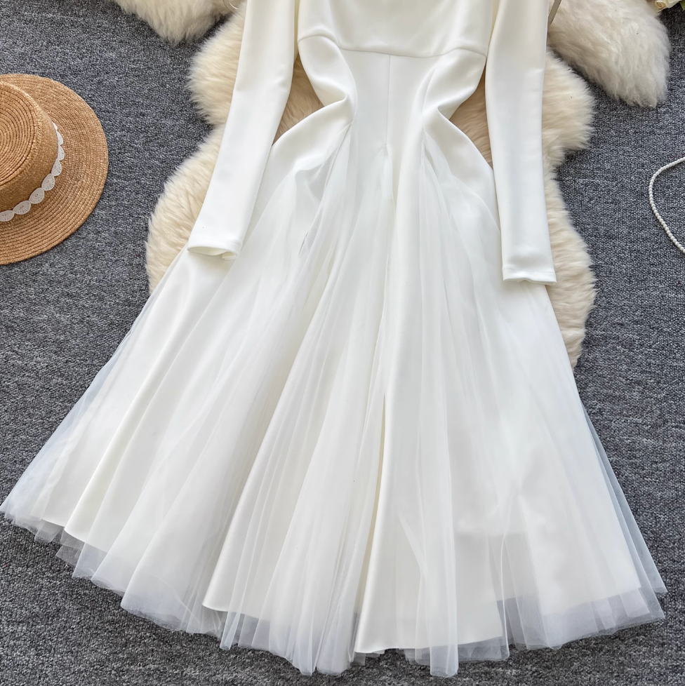 Square Neckline Mesh Patchwork Dress