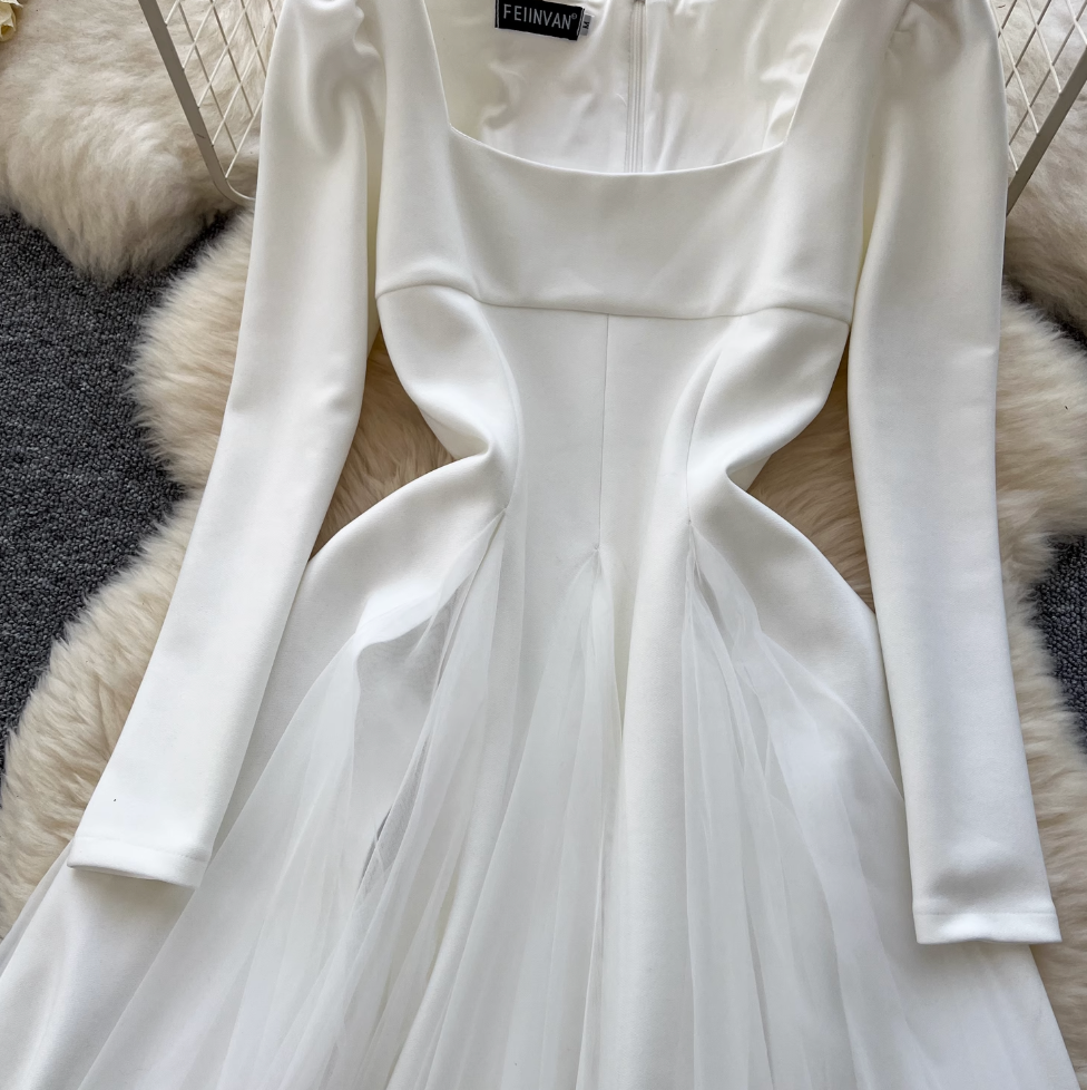 Square Neckline Mesh Patchwork Dress