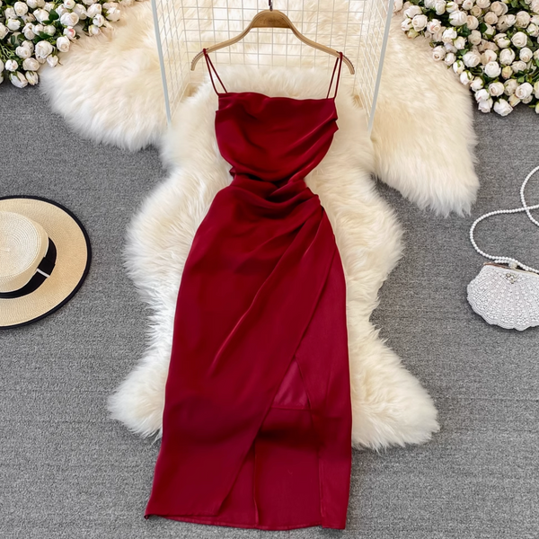 Vintage Solid Color Pleated Slip Dress