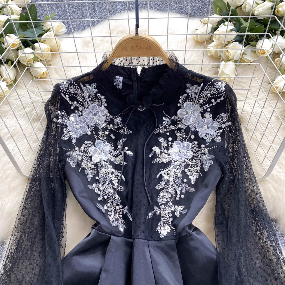 Vintage Beaded Embroidered Black Dress