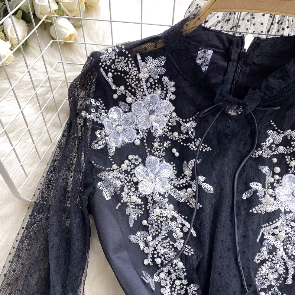 Vintage Beaded Embroidered Black Dress