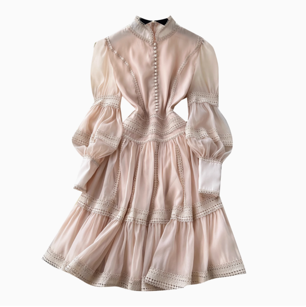Courtly Puffy Sleeve Lace Dress