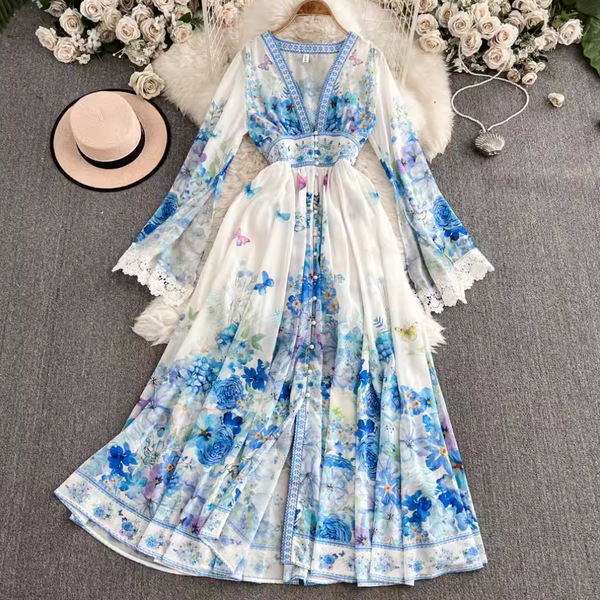 Courtly V-neck Floral Printed Dress