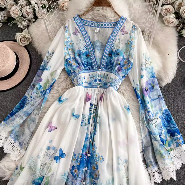 Courtly V-neck Floral Printed Dress
