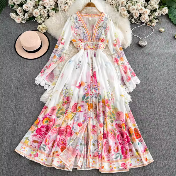 Courtly V-neck Floral Printed Dress
