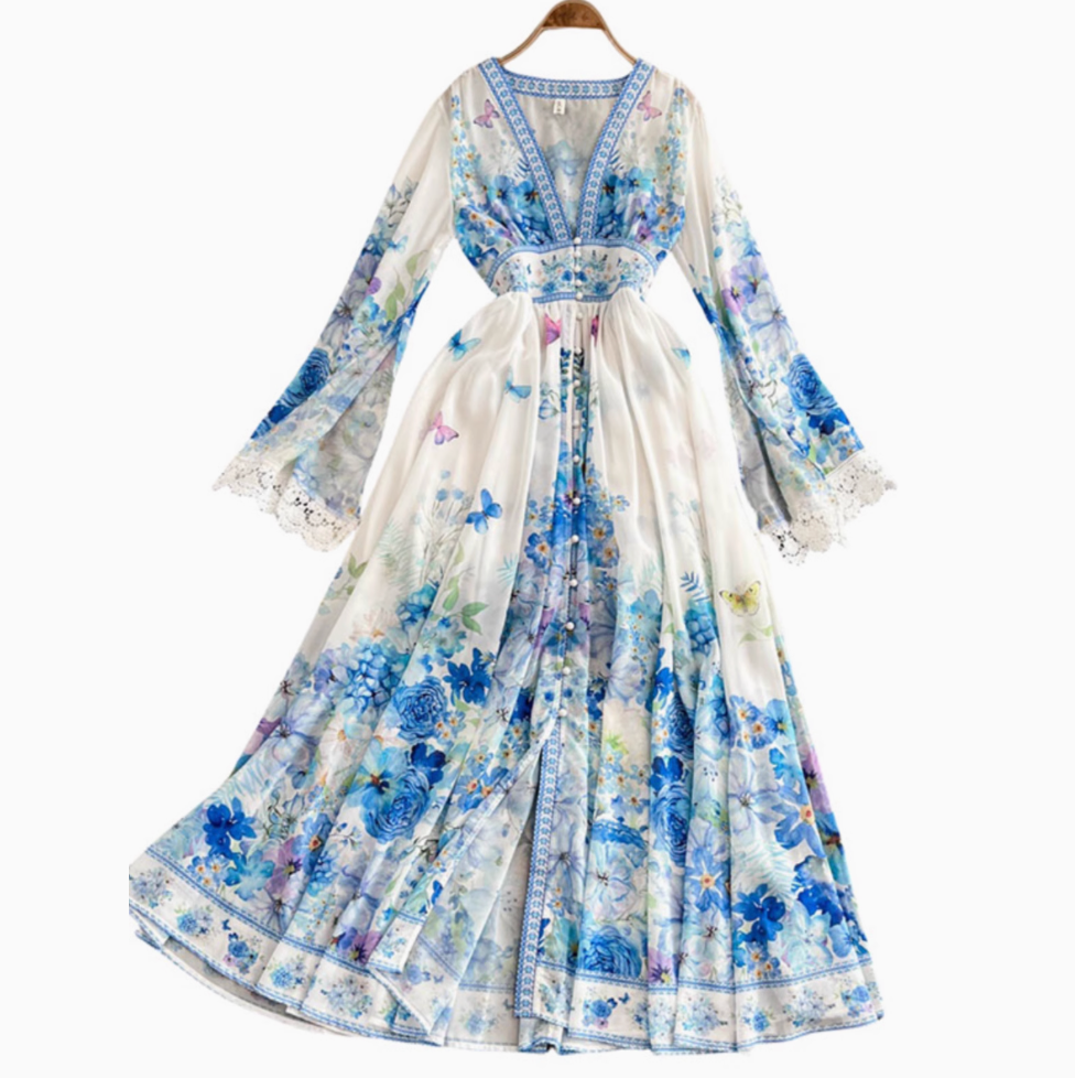 Courtly V-neck Floral Printed Dress