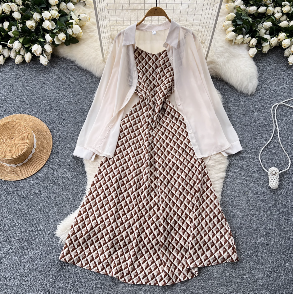 Chiffon Shirt & Plaid Slip Dress 2Pcs