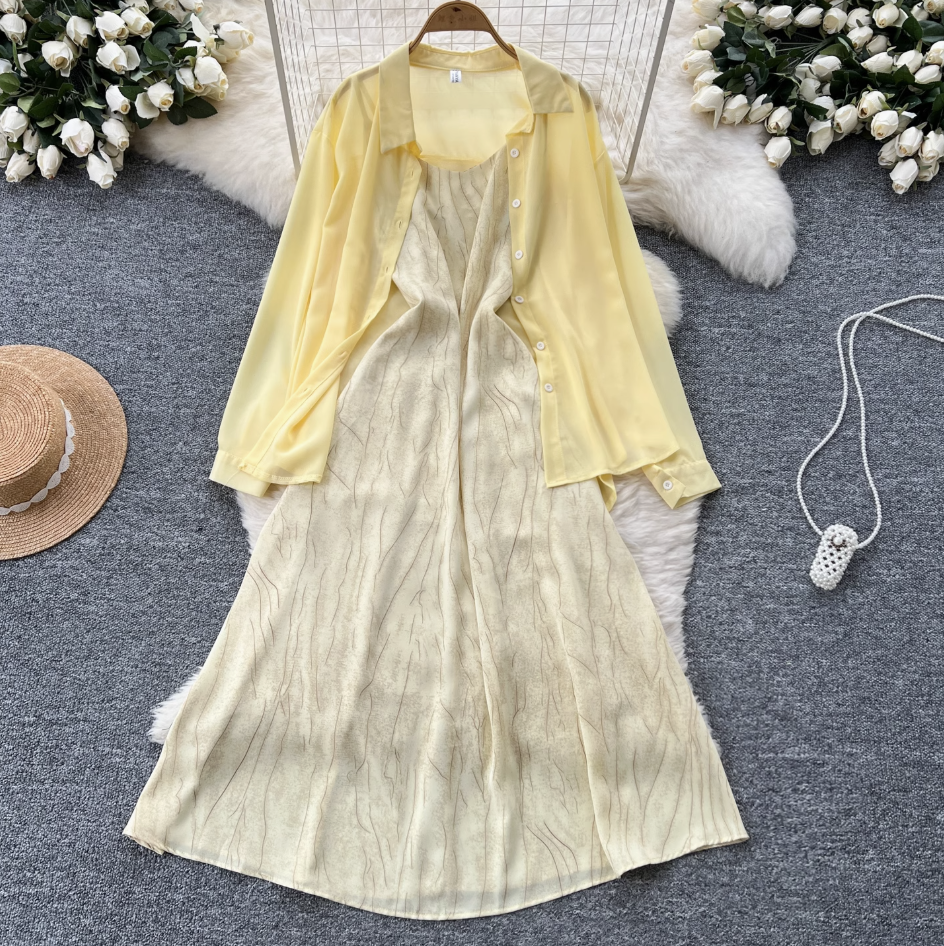 Chiffon Shirt & Plaid Slip Dress 2Pcs