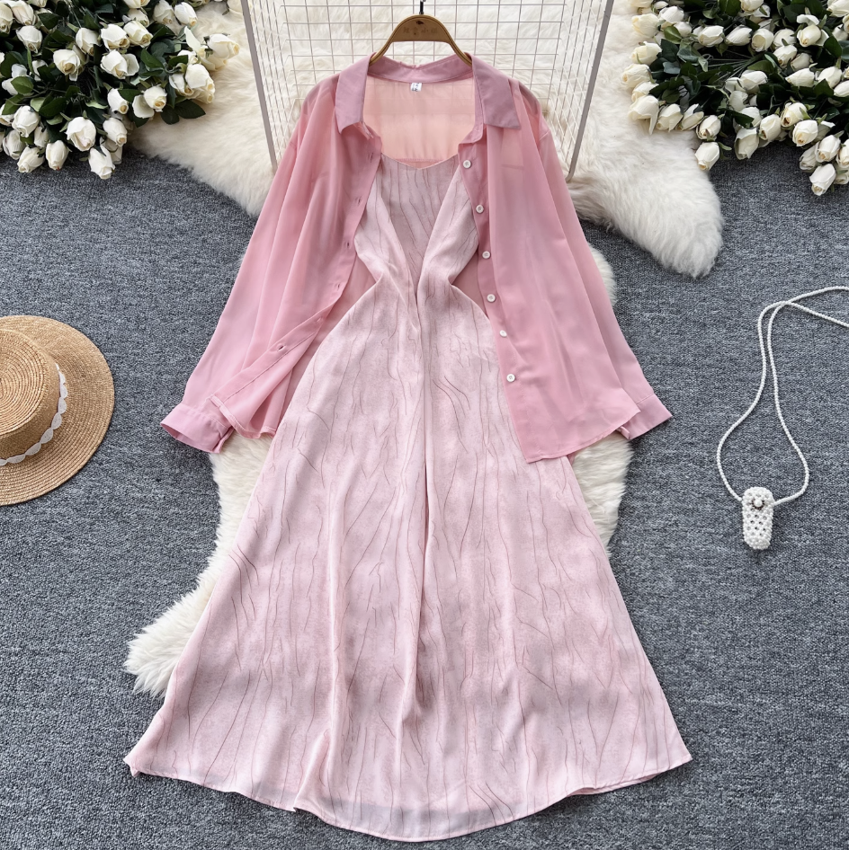 Chiffon Shirt & Plaid Slip Dress 2Pcs