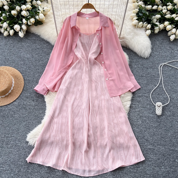 Chiffon Shirt & Plaid Slip Dress 2Pcs