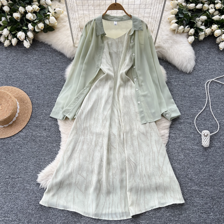 Chiffon Shirt & Plaid Slip Dress 2Pcs