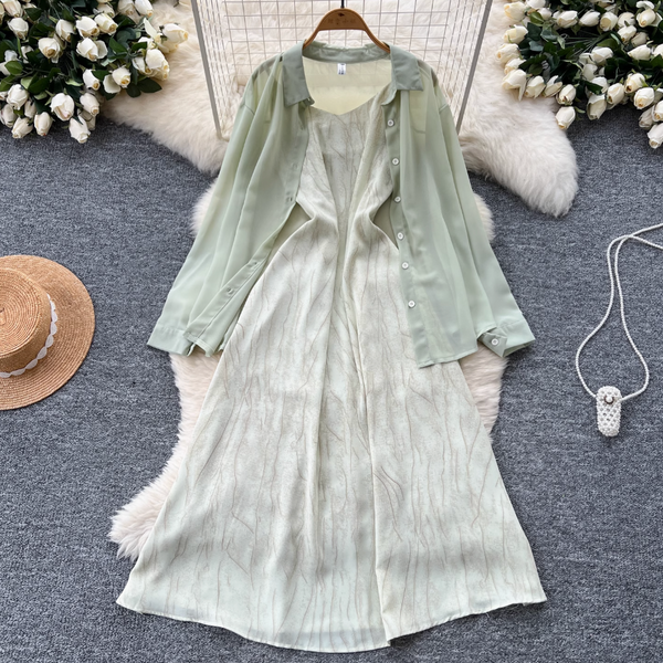 Chiffon Shirt & Plaid Slip Dress 2Pcs
