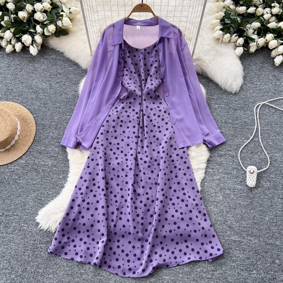 Chiffon Shirt & Plaid Slip Dress 2Pcs