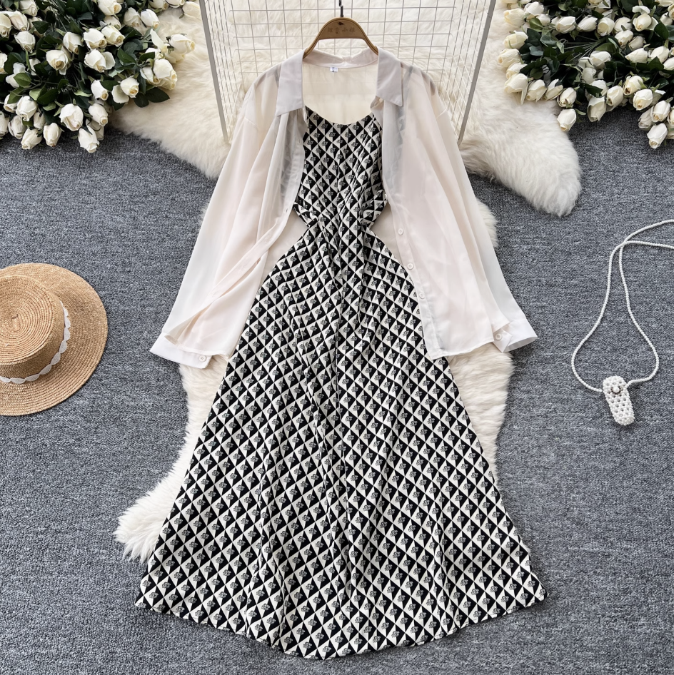 Chiffon Shirt & Plaid Slip Dress 2Pcs