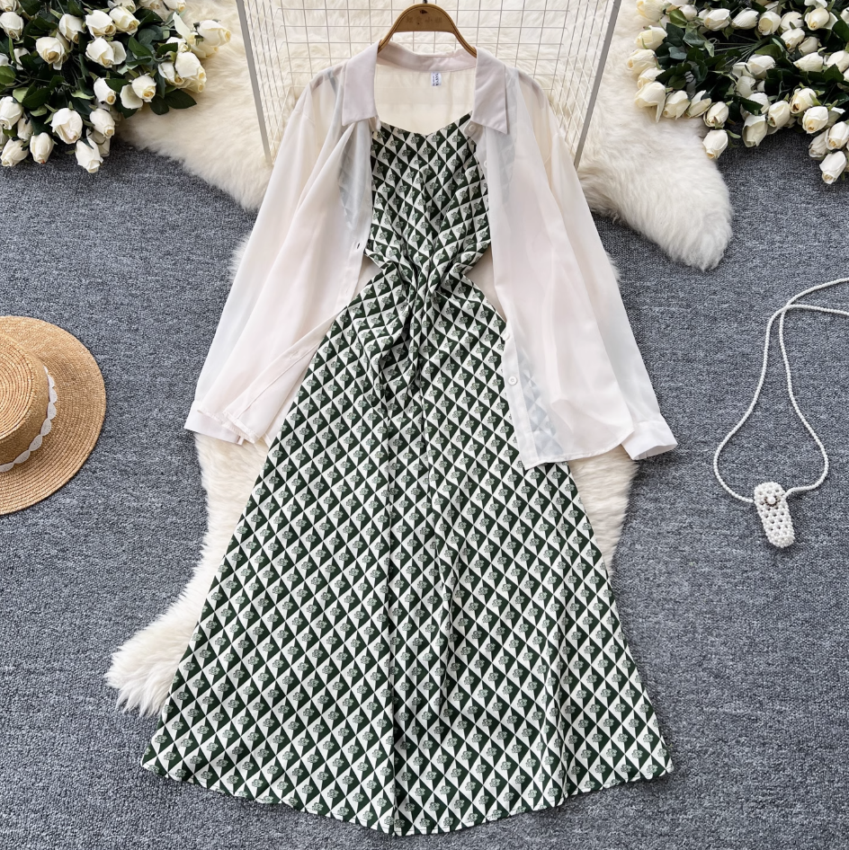 Chiffon Shirt & Plaid Slip Dress 2Pcs