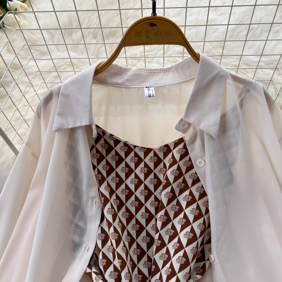 Chiffon Shirt & Plaid Slip Dress 2Pcs