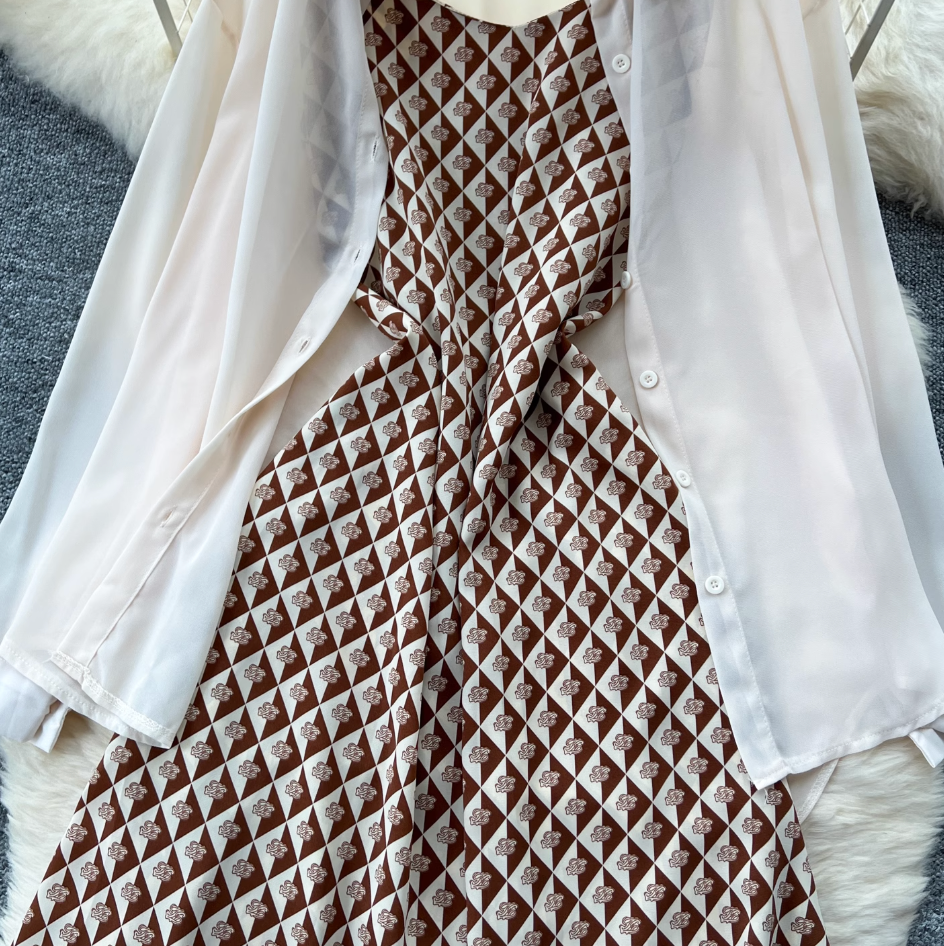 Chiffon Shirt & Plaid Slip Dress 2Pcs