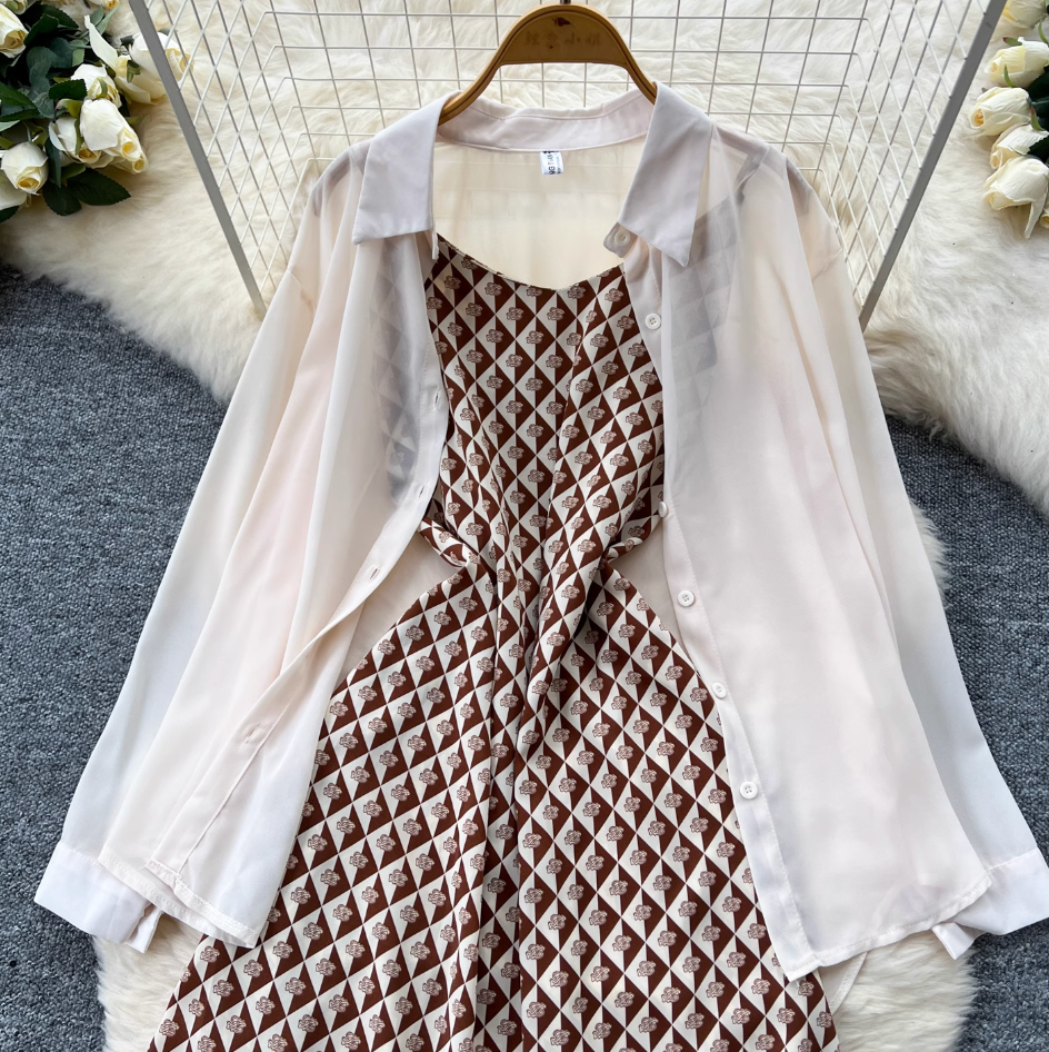 Chiffon Shirt & Plaid Slip Dress 2Pcs