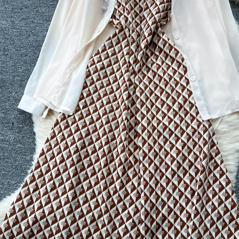 Chiffon Shirt & Plaid Slip Dress 2Pcs