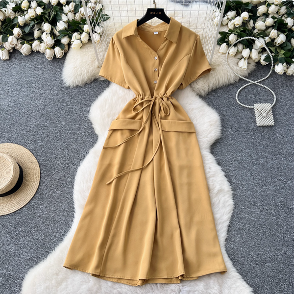 Lapeled Single-breasted Drawstring Shirt Dress