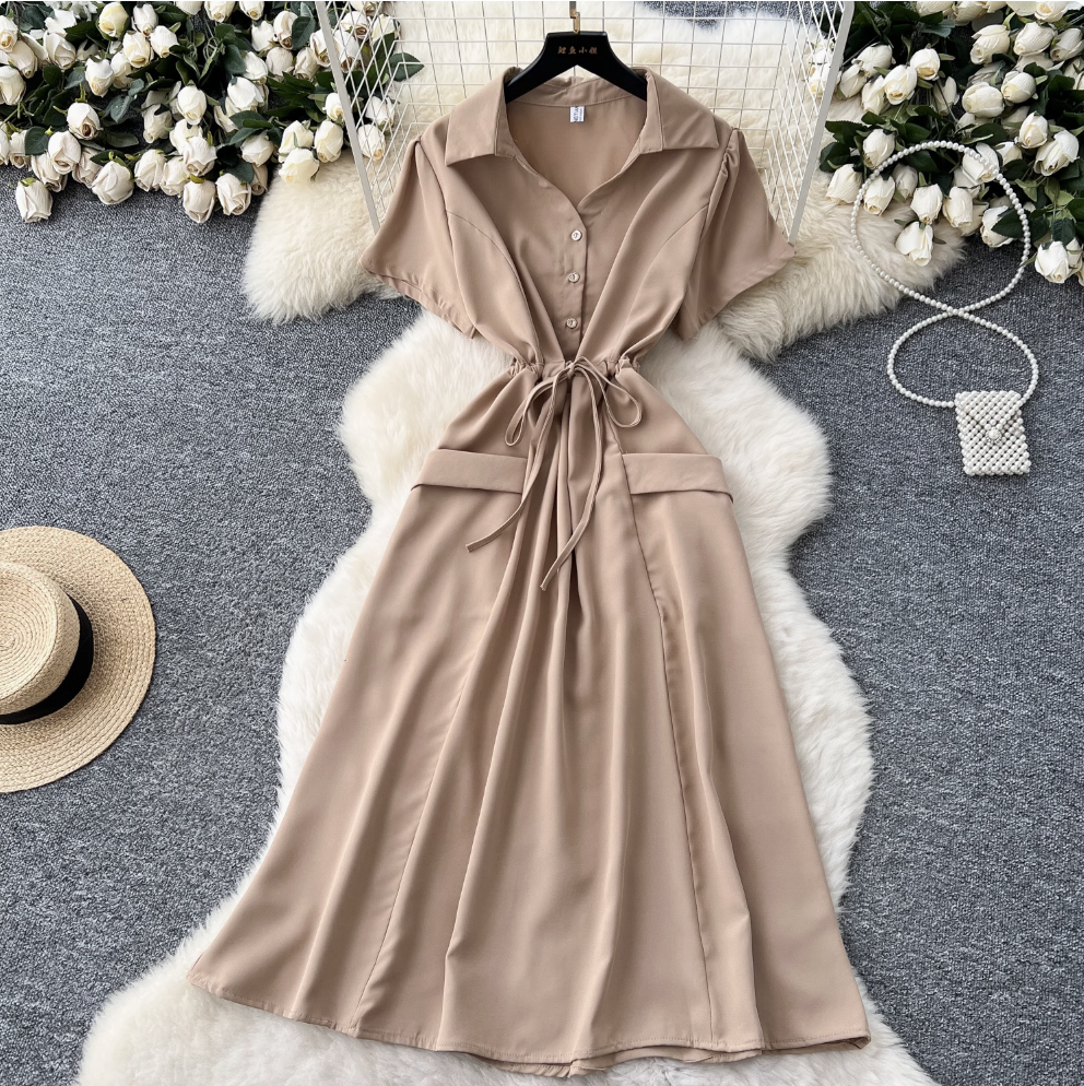 Lapeled Single-breasted Drawstring Shirt Dress