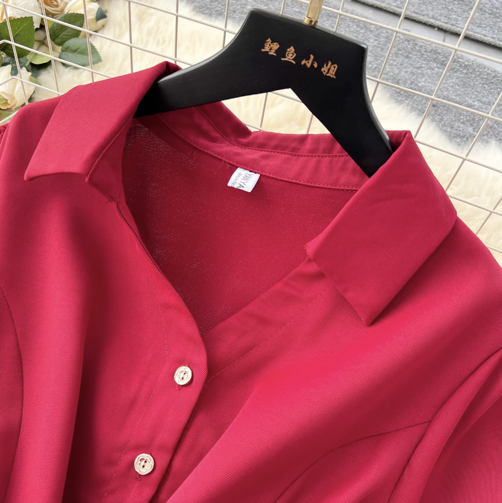 Lapeled Single-breasted Drawstring Shirt Dress